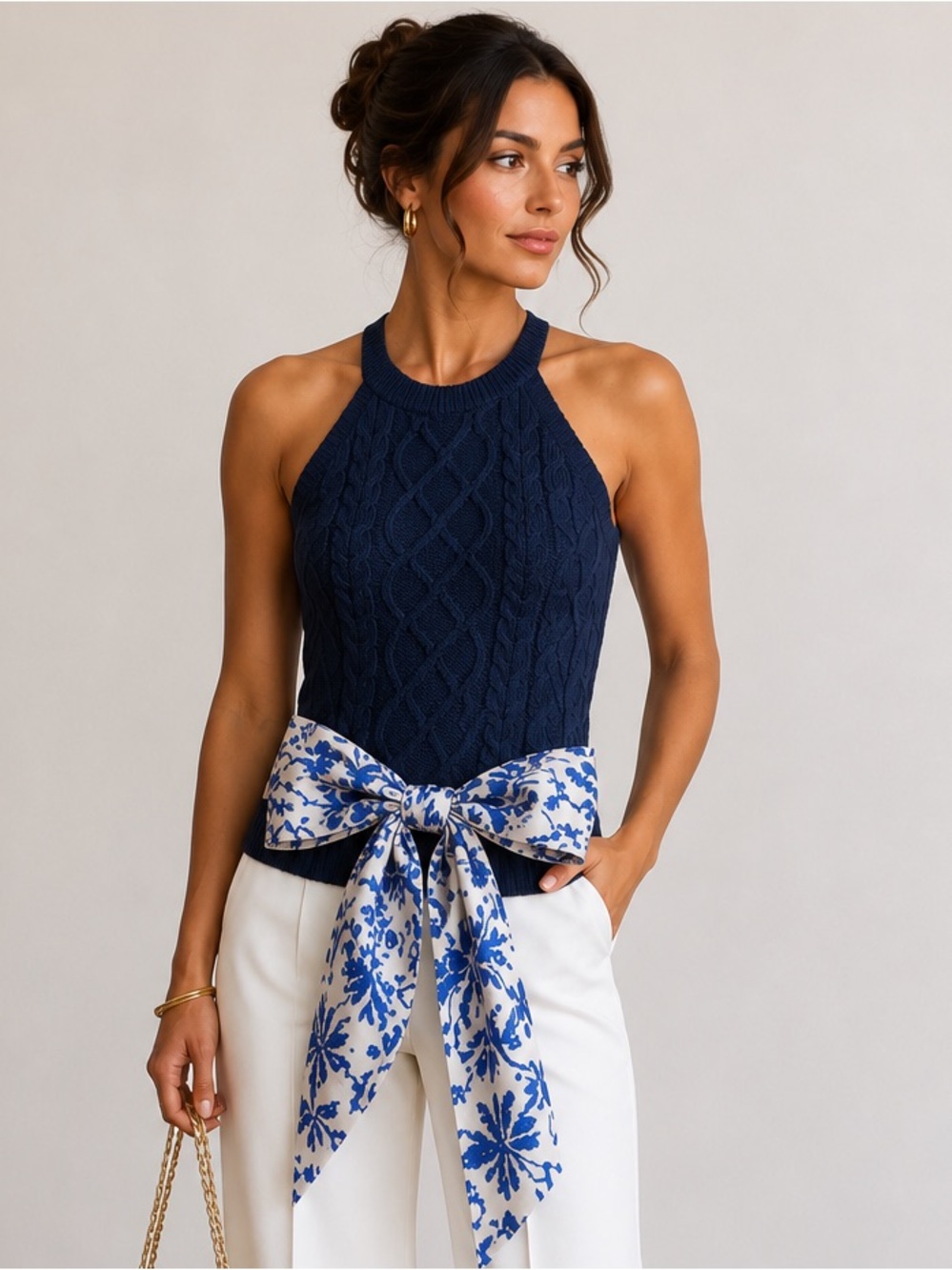 Tuckernuck Navy Cable Knit Halter Sweater Top w/ Blue White Statement Bow Medium